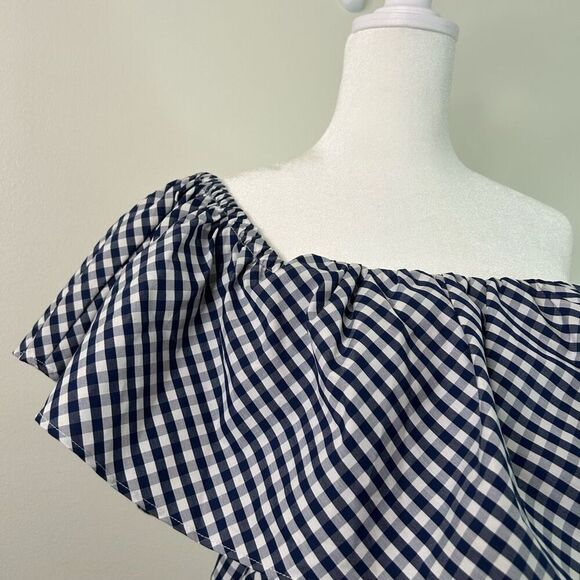 Boston Proper Off Shoulder‎ Gingham Peplum Top Size 8 Navy Preppy Country Ruffle - Picture 2 of 10